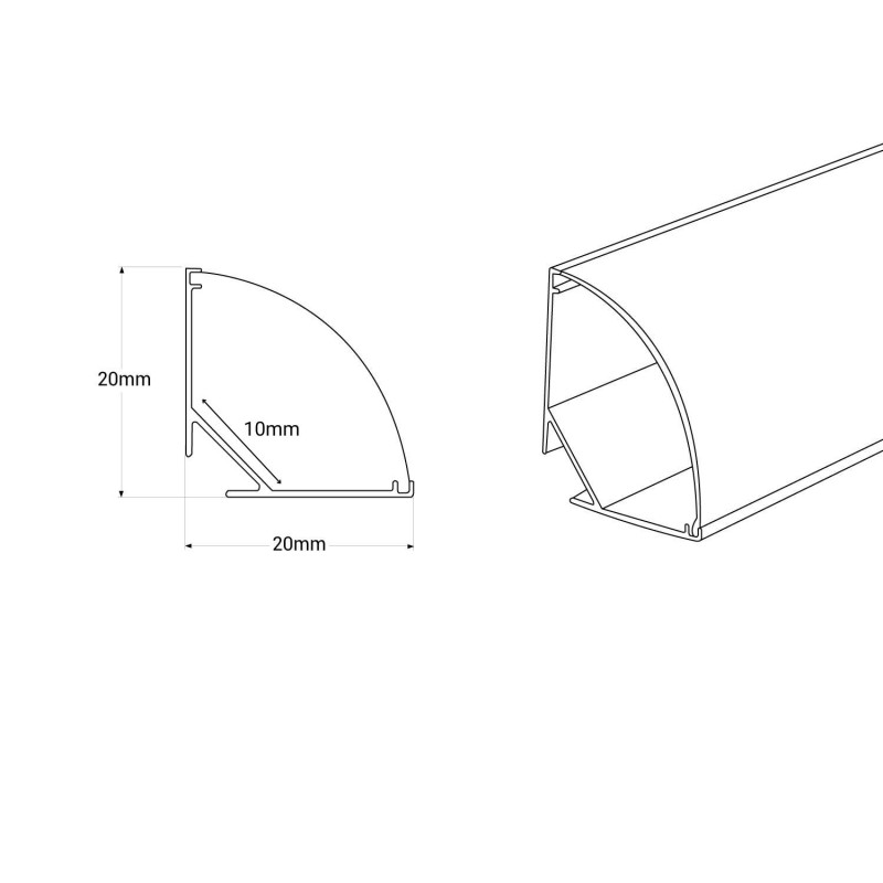 Aluminium corner profile - Complete kit - 20 x 20mm - LED strip up to 10mm - 2 meters