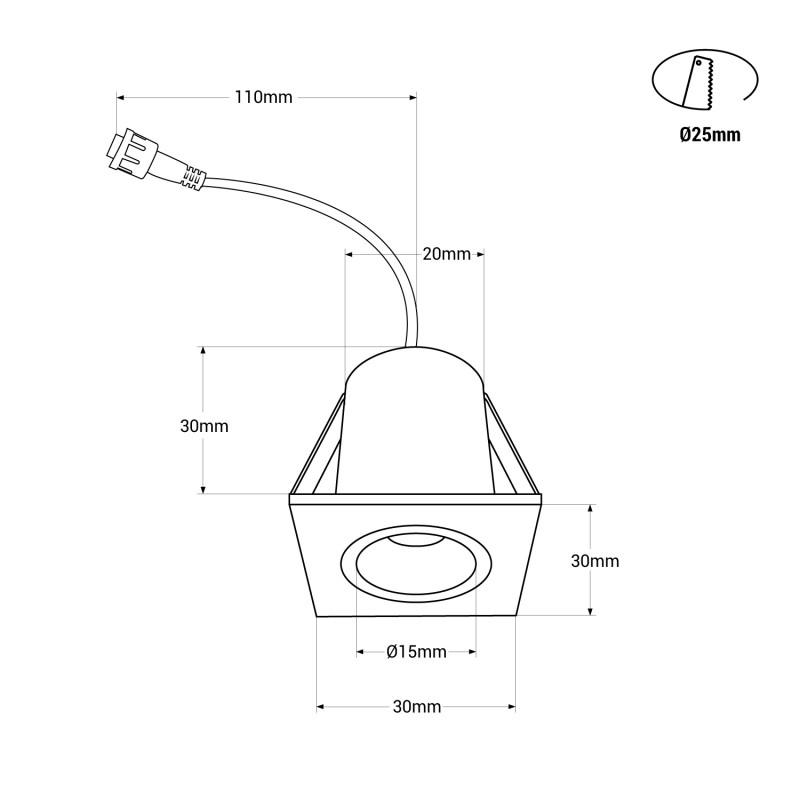 Recessed square LED downlight - 2W - Osram Chip - UGR18 - Cutout Ø 25mm - Black