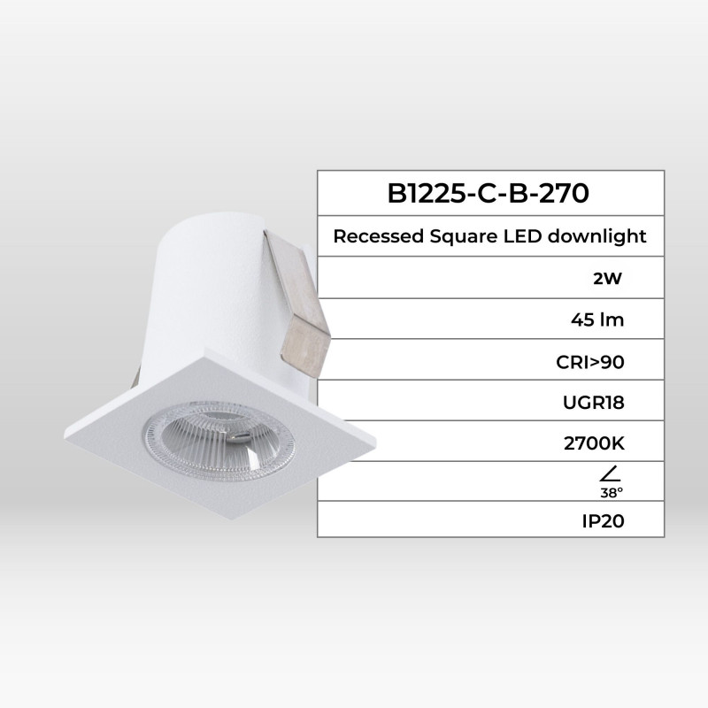 Recessed square LED downlight - 2W - Osram Chip - UGR18 - Cutout Ø 25mm - Black