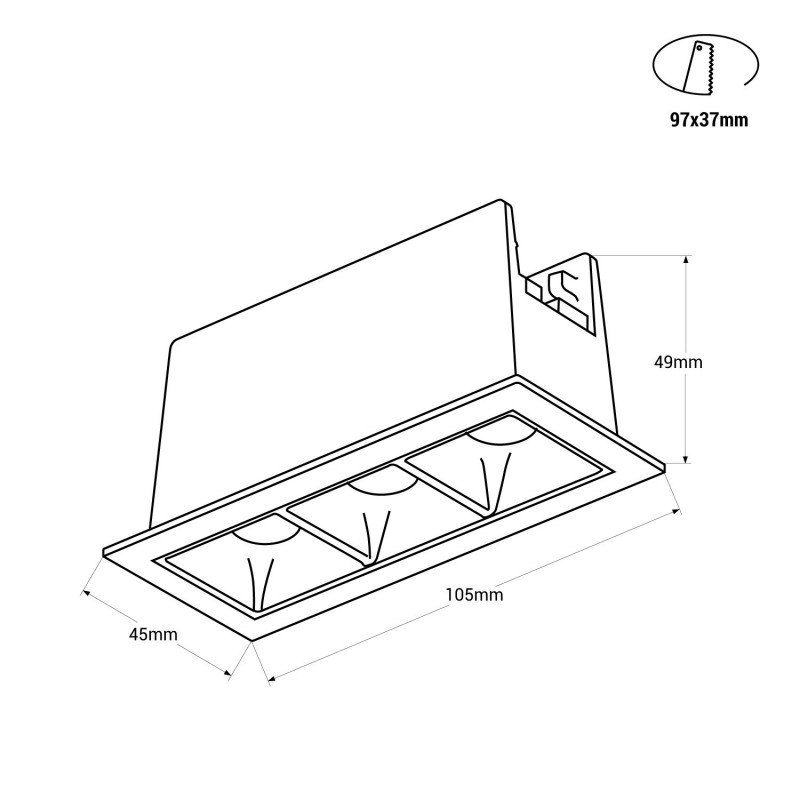 Recessed triple LED downlight - 6W - UGR18 - CRI90 - OSRAM Chip - Black
