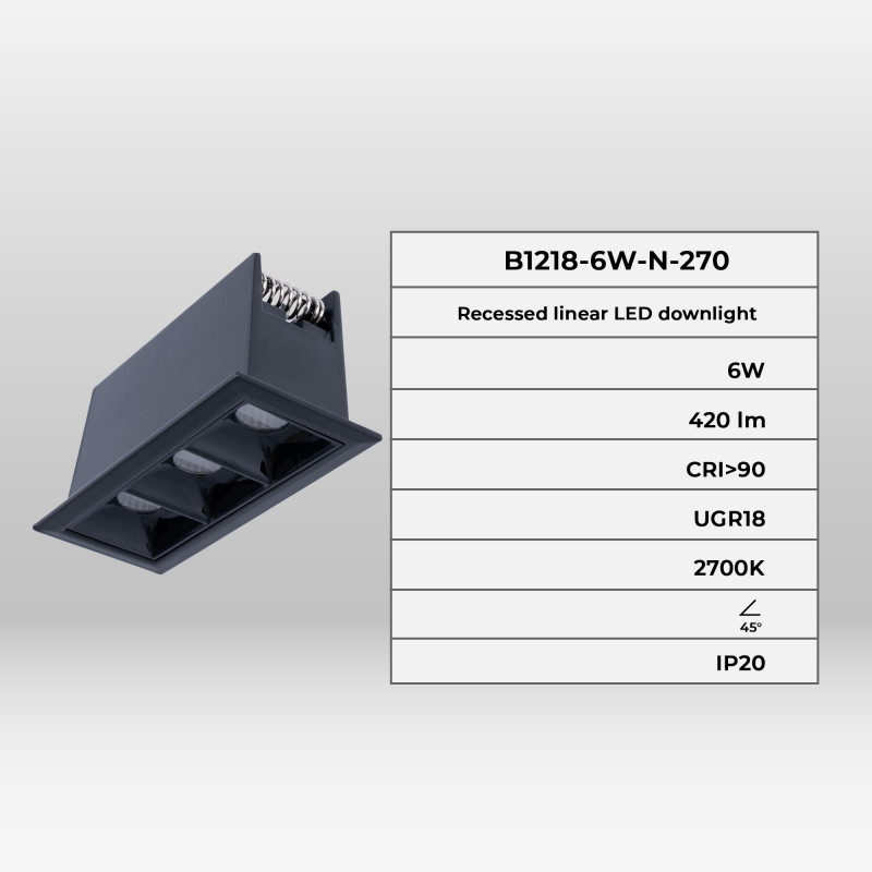 Recessed triple LED downlight - 6W - UGR18 - CRI90 - OSRAM Chip - Black