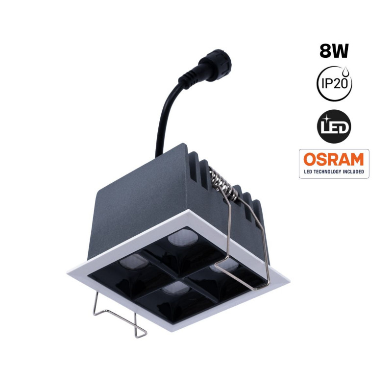 Recessed square LED downlight - 8W - 4 Spotlights - UGR18 - CRI90 - OSRAM Chip - Black