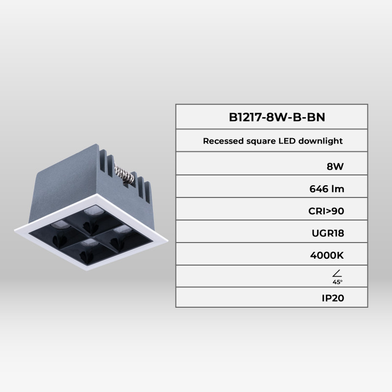 Recessed square LED downlight - 8W - 4 Spotlights - UGR18 - CRI90 - OSRAM Chip - Black