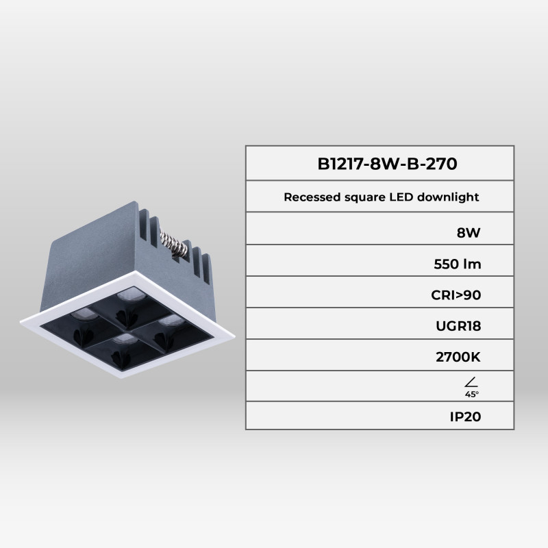 Recessed square LED downlight - 8W - 4 Spotlights - UGR18 - CRI90 - OSRAM Chip - Black