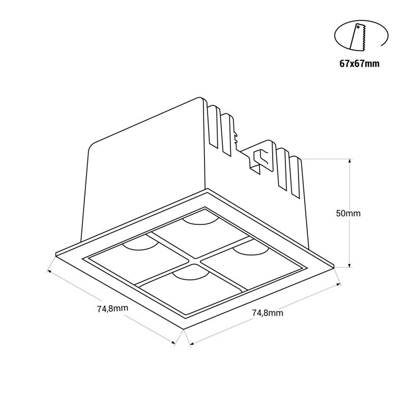 Recessed square LED downlight - 8W - 4 Spotlights - UGR18 - CRI90 - OSRAM Chip - Black