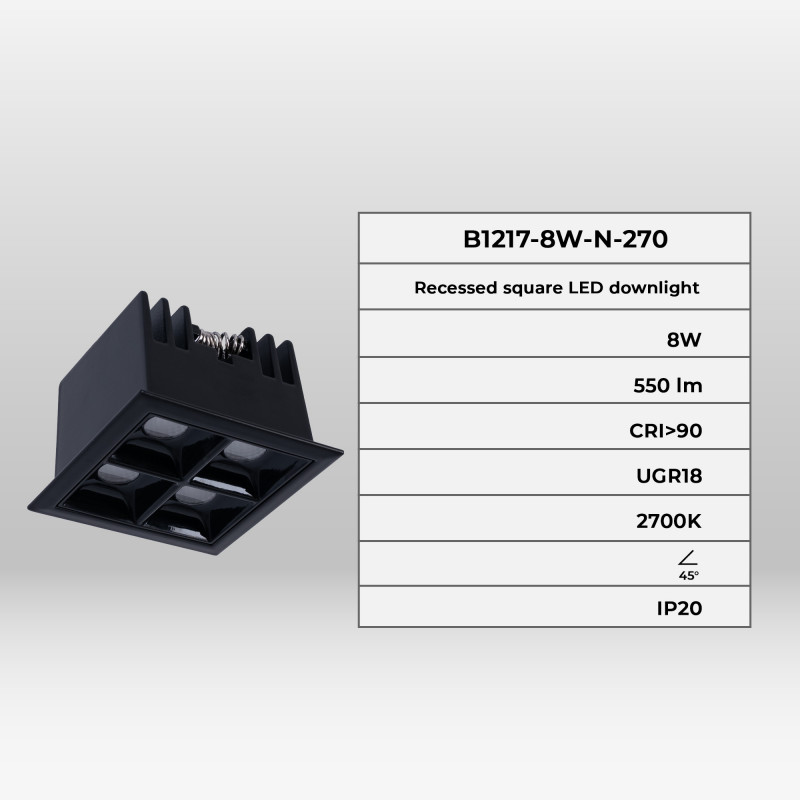 Recessed square LED downlight - 8W - 4 Spotlights - UGR18 - CRI90 - OSRAM Chip - Black