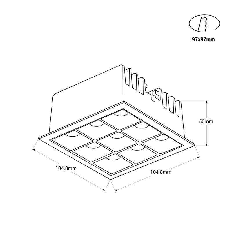 Recessed square LED downlight - 18W - 9 Spotlights - UGR18 - CRI90 - OSRAM Chip - White