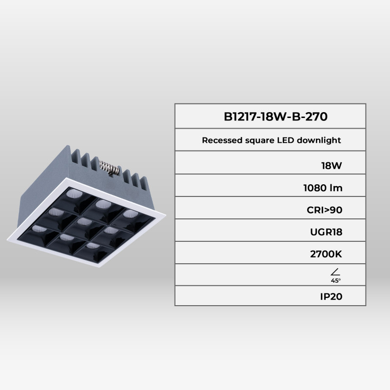 Recessed square LED downlight - 18W - 9 Spotlights - UGR18 - CRI90 - OSRAM Chip - White