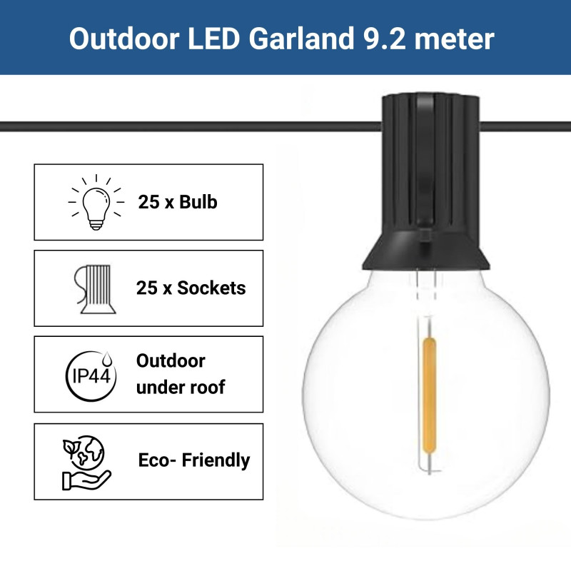 Solar string lights - 25 E10 LED Filament Bulbs - IP44 - 9.2 meters