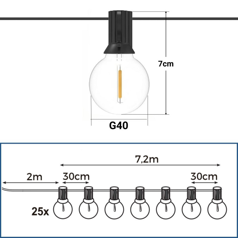 Solar string lights - 25 E10 LED Filament Bulbs - IP44 - 9.2 meters