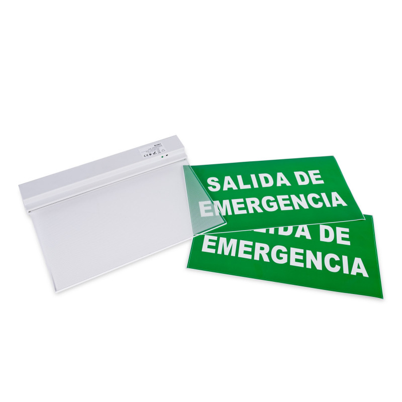 Luz de emergencia permanente con cartel "Salida de Emergencia"