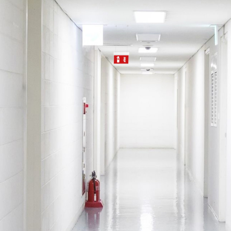 Hanging permanent emergency light with "Fire extinguisher" pictogram