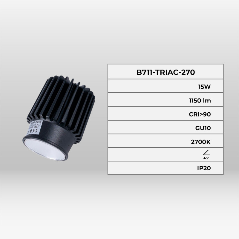 LED Module for MR16/GU10 downlight ring - 15W - TRIAC dimmable - 45º - CRI 90