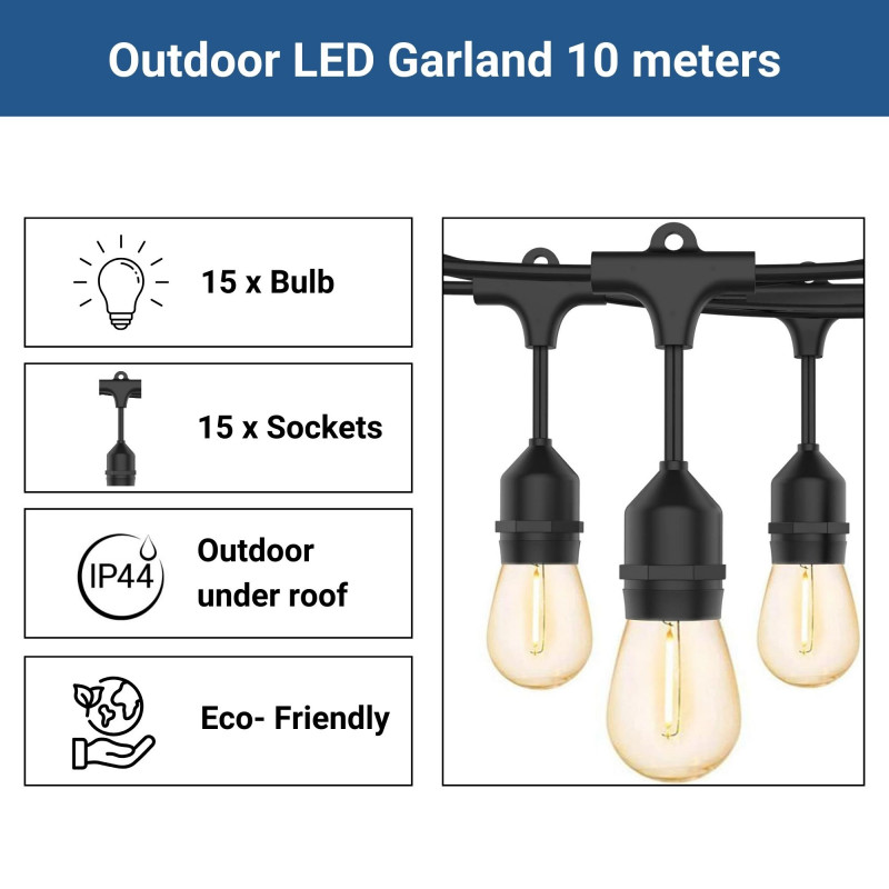 Solar string light - 15 E27 LED Filament Bulbs - IP44 - 10 metres