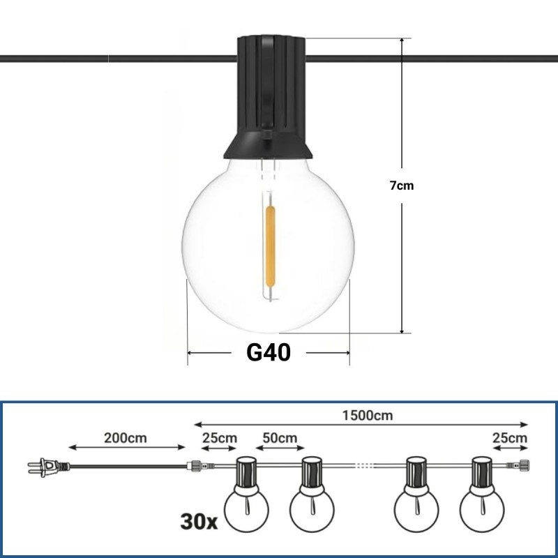 Outdoor string light 15 + 2m - 30 E12 G40 1W LED filament bulbs - IP44 - Warm White