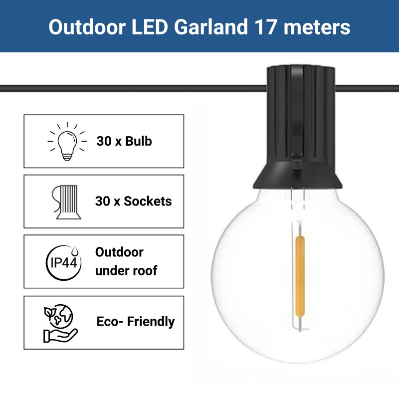 Outdoor string light 15 + 2m - 30 E12 G40 1W LED filament bulbs - IP44 - Warm White