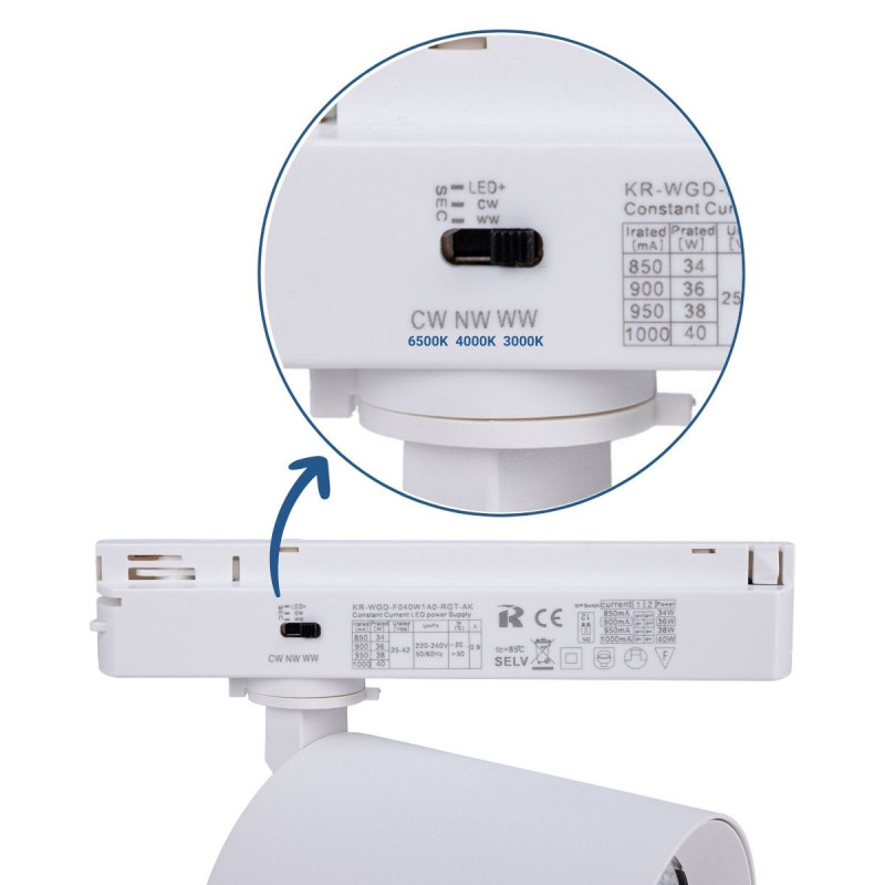 CCT LED 1-phase track spotlight - 40W - CRI 90 - White