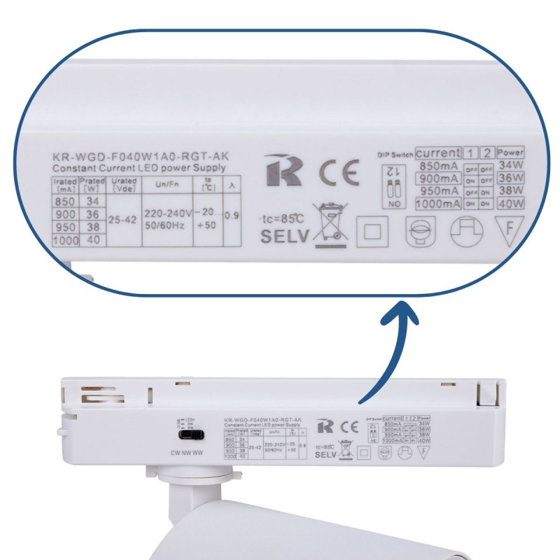 CCT LED 1-phase track spotlight - 40W - CRI 90 - White