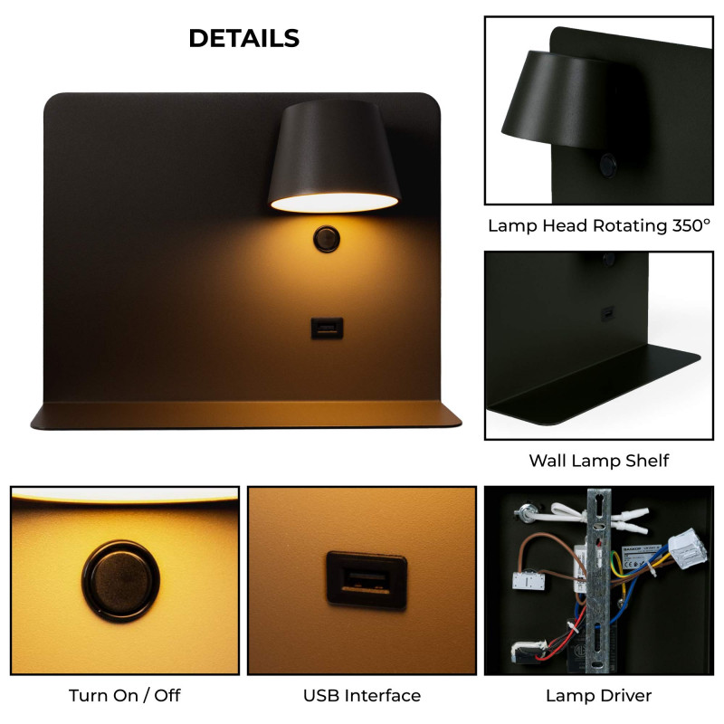 Pack x 2 - Wall reading light with USB port "BASKOP" - 6W - Horizontal design - Grey