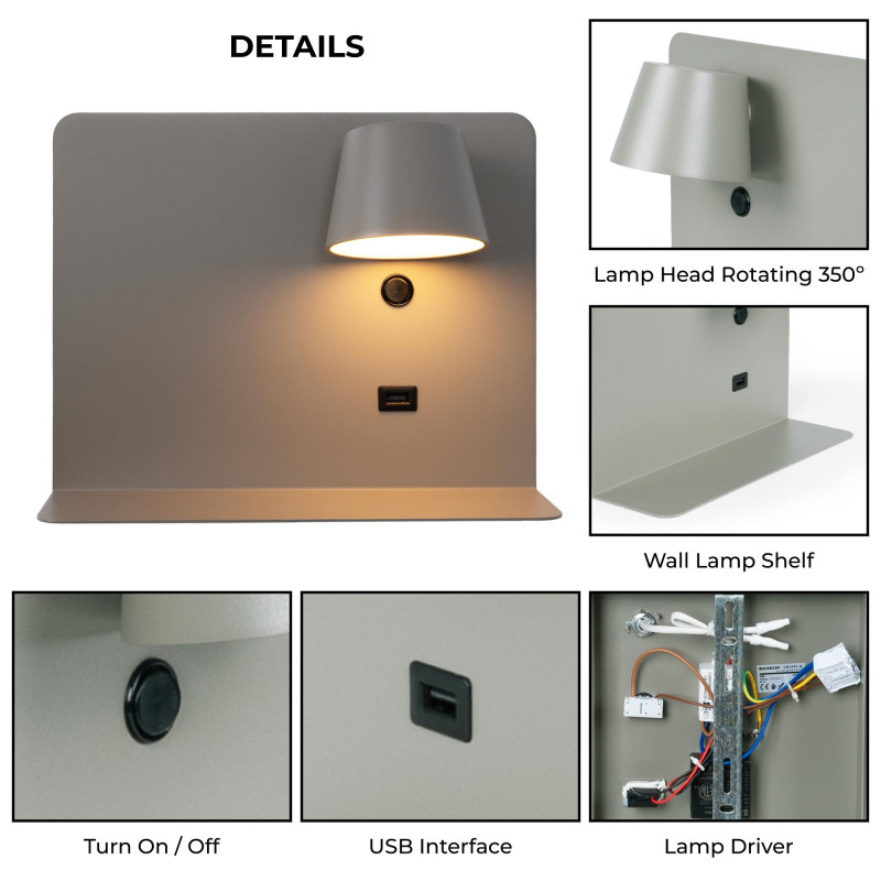 Pack x 2 - Wall reading light with USB port "BASKOP" - 6W - Horizontal design - Grey