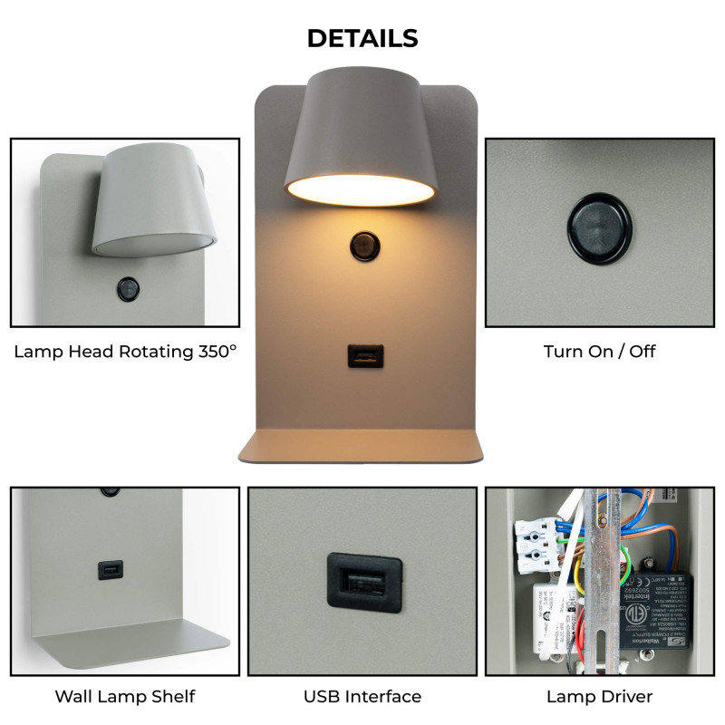 Pack x 2 - Wall reading light with USB port "BASKOP" - 6W - Vertical design - Black