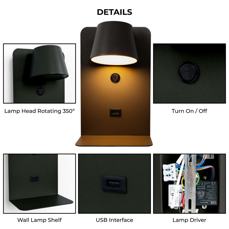 Pack x 2 - Wall reading light with USB port "BASKOP" - 6W - Vertical design - Black