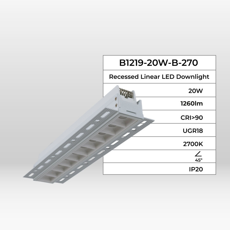 Recessed/Trimless linear LED spotlight for plasterboard - 20W - UGR18 - CRI90 - White