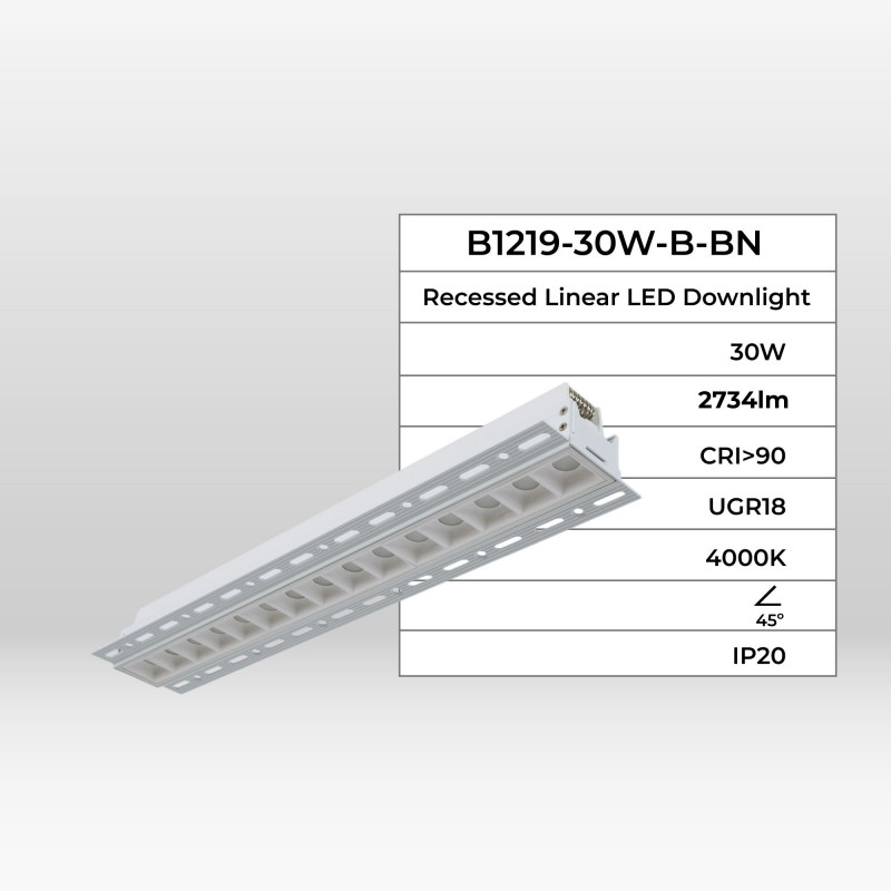 Recessed/trimless linear LED spotlight for plasterboard - 30W - UGR18 - CRI90 - White