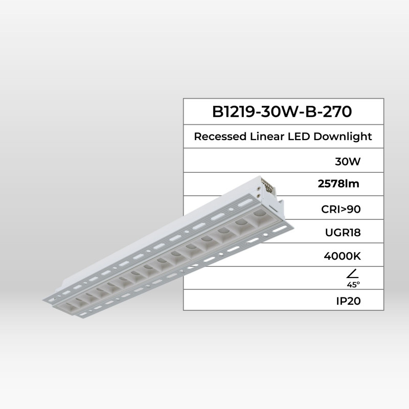 Recessed/trimless linear LED spotlight for plasterboard - 30W - UGR18 - CRI90 - White
