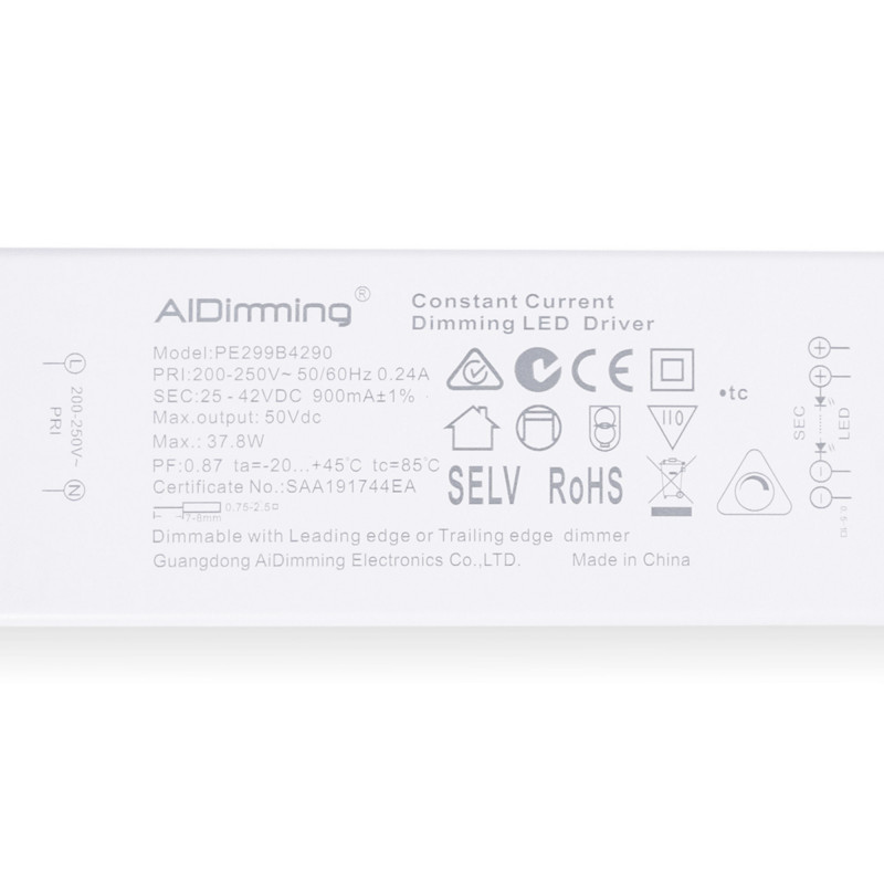 TRIAC dimmable driver - 25-42V DC - 900mA - 37W
