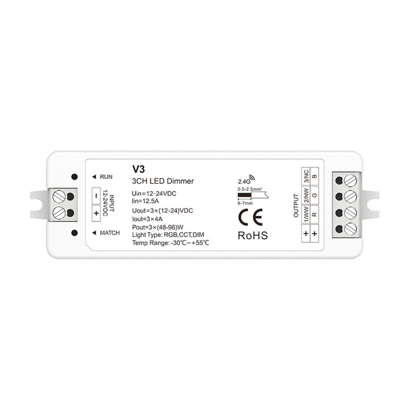 Single Color / CCT / RGB Controller 12-24V DC - 3 channels - 4A/channel - RF 2.4GHz - Skydance