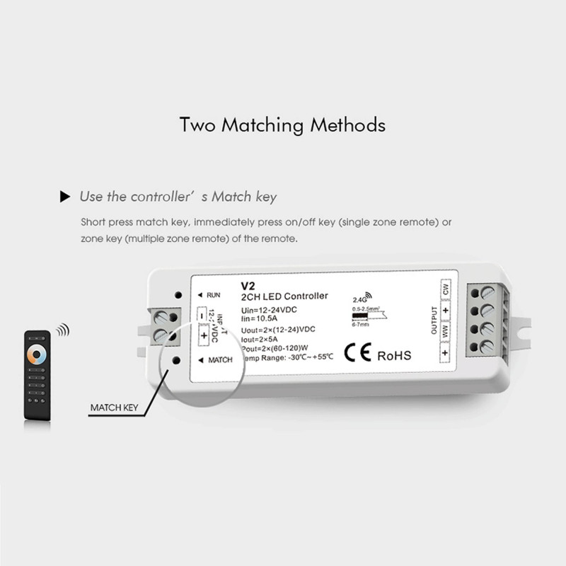 CCT Controller - 12-24V DC - 2 channels - 5A/channel - RF 2.4GHz - Skydance