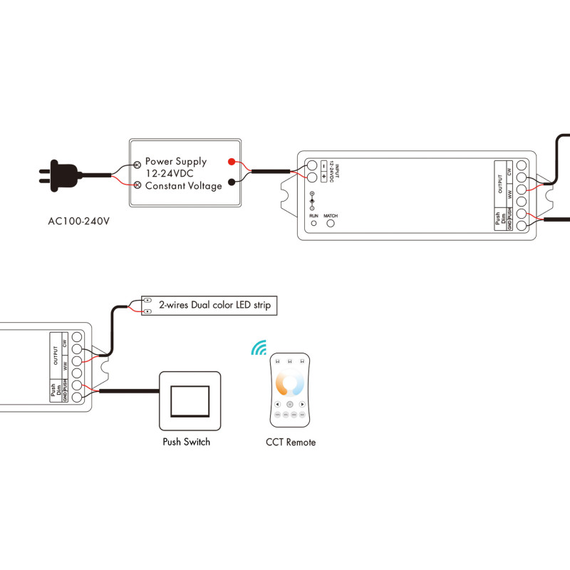 CCT Controller - 12-24V DC - 2 wires - 5A - RF 2.4GHz - PUSH dimmer - Skydance
