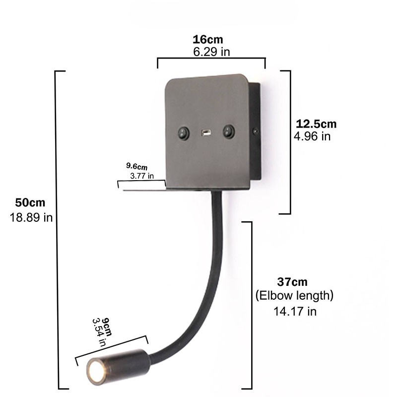 SLANGE" 3W LED wall light for reading, swiveling and USB charging base