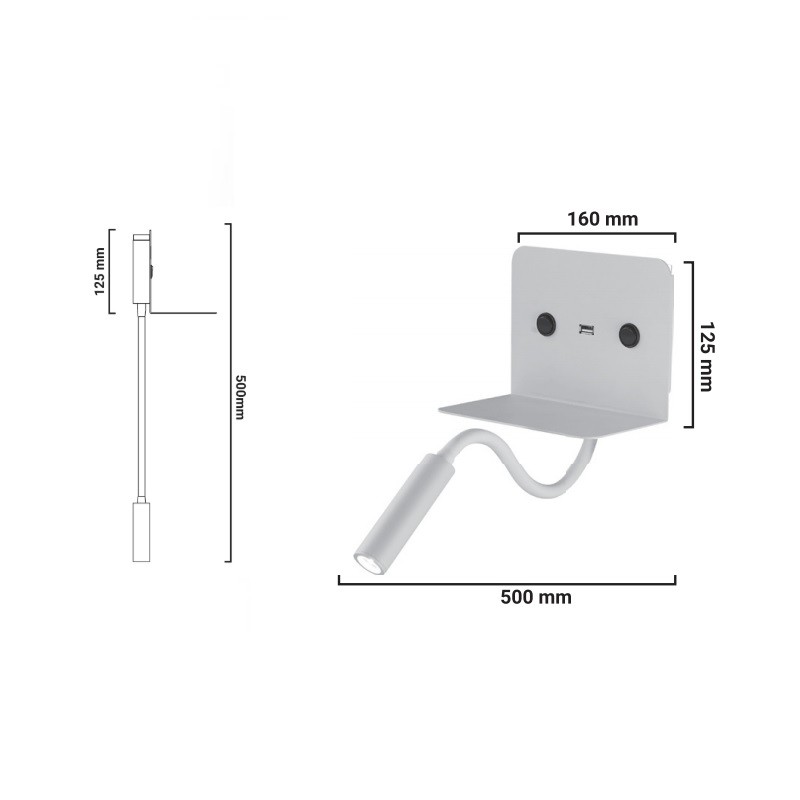 SLANGE" 3W LED wall light for reading, swiveling and USB charging base
