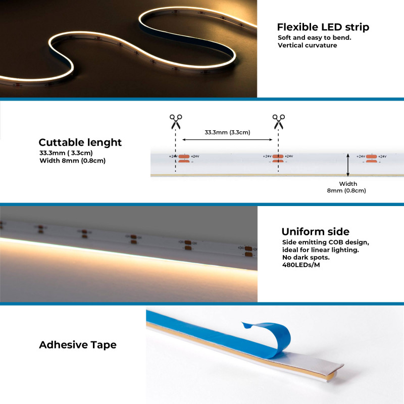 COB Single colour LED Strip - 24V DC - Side emission - 9W/m - 8mm - IP20 - 3cm cut - 5 metres roll
