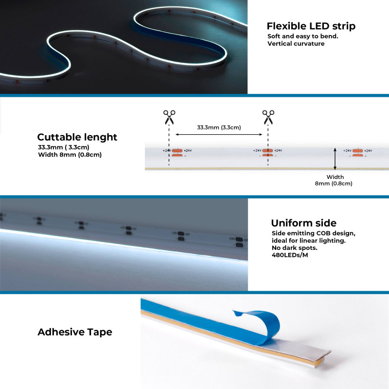 COB Single colour LED Strip - 24V DC - Side emission - 9W/m - 8mm - IP20 - 3cm cut - 5 metres roll