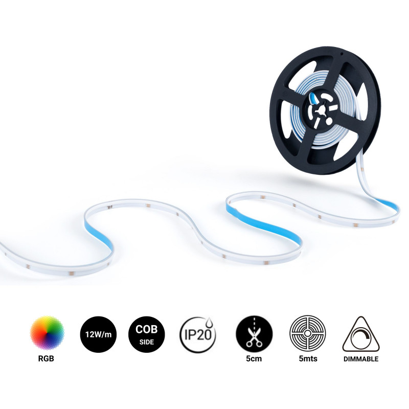 COB RGB LED Strip - 24V DC - Side emission - 12W/m - 10mm - IP20 - 5cm cut - 5 metres roll
