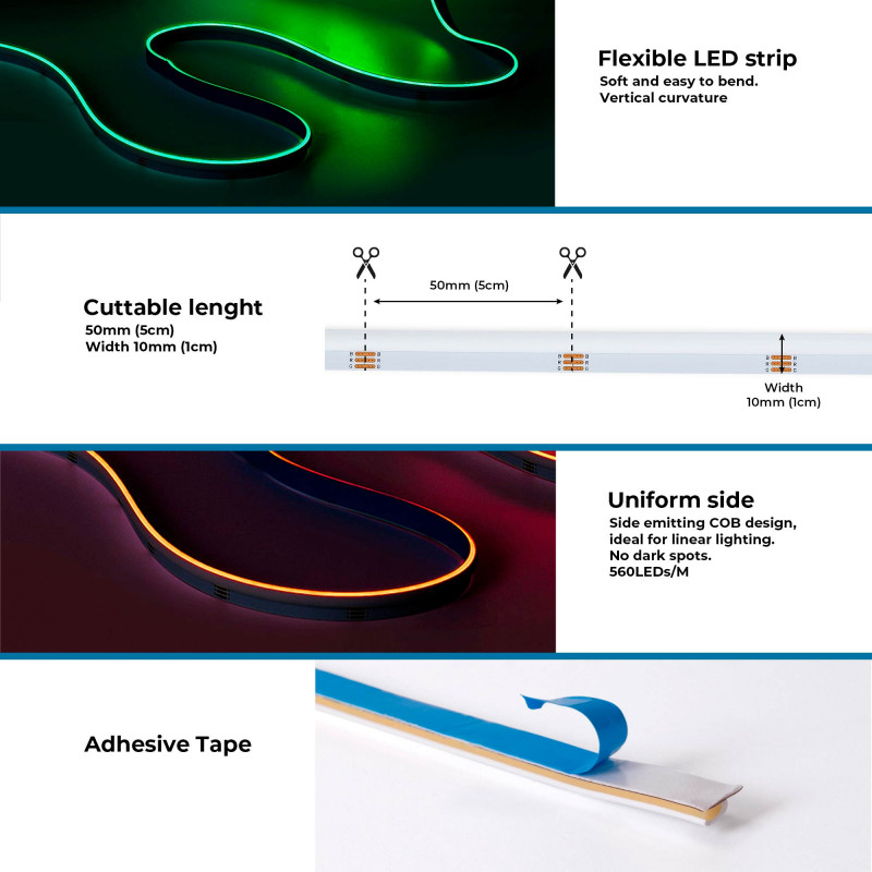 COB RGB LED Strip - 24V DC - Side emission - 12W/m - 10mm - IP20 - 5cm cut - 5 metres roll
