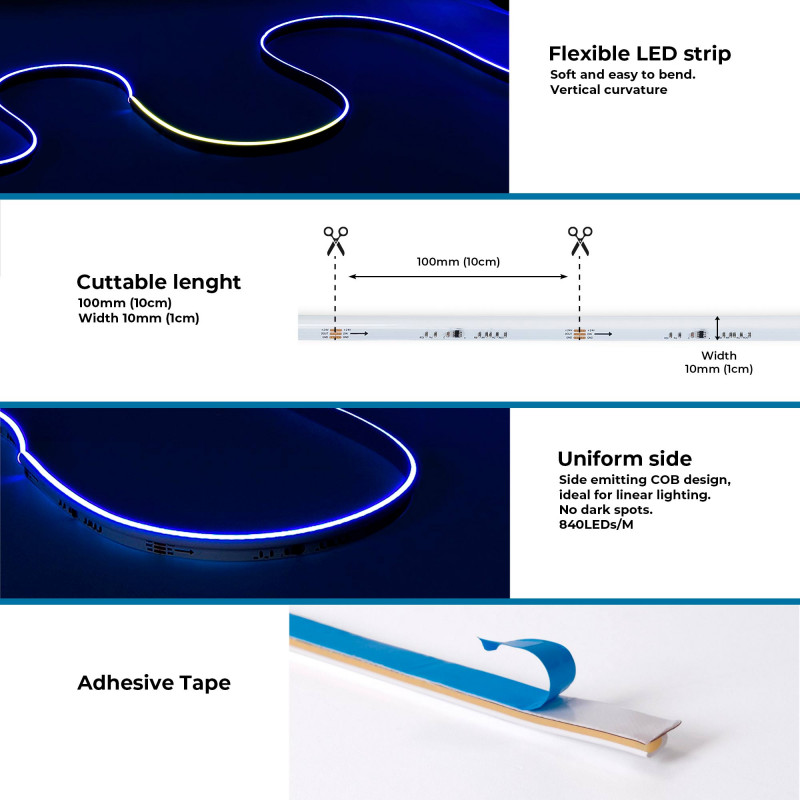 COB RGB Smart LED Strip - 24V DC - Side emission - 12W/m - 10mm - IP20 - 5 metres roll