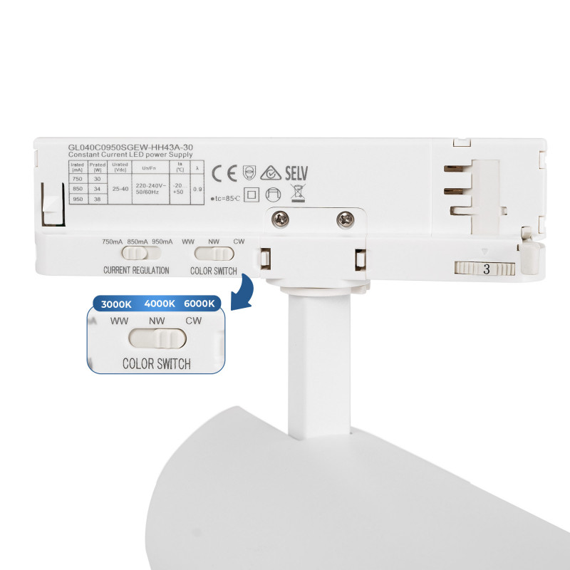 LED 3-phase track spotlight - Adjustable power: 30W/ 34W/ 38W - CCT - CRI 90
