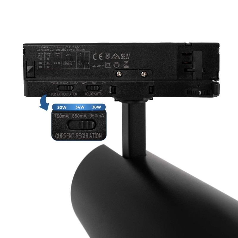 LED 3-phase track spotlight - Adjustable power: 30W/ 34W/ 38W - CCT - CRI 90