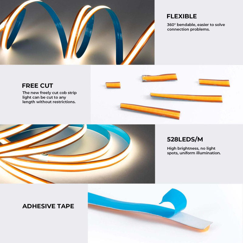Single color COB LED Strip - 24V DC - FREE CUT - 11W/m - 8mm - IP20 - 10-meters-roll
