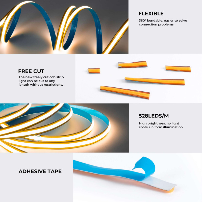 Single color COB LED Strip - 24V DC - FREE CUT - 11W/m - 8mm - IP20 - 10-meters-roll