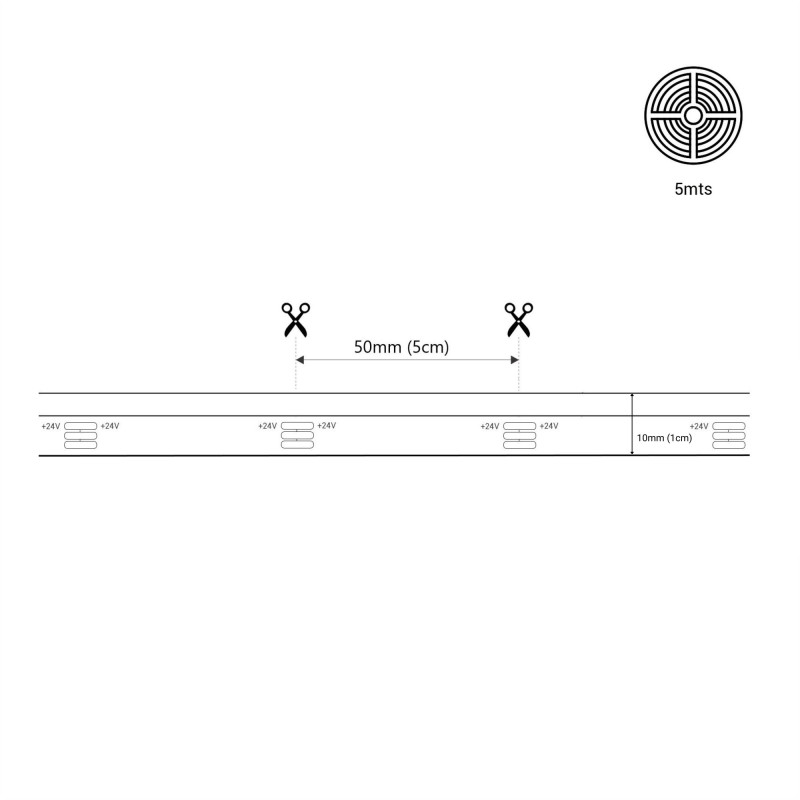 COB LED Strip 24V DC - CCT - Side emission - 12W/m - 10mm - IP20 - 5cm cut - 5-meters-roll