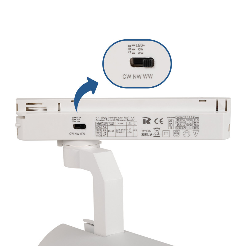 LED CCT 1-phase track spotlight - 35W - ZOOM 20º- 60º - CRI 90