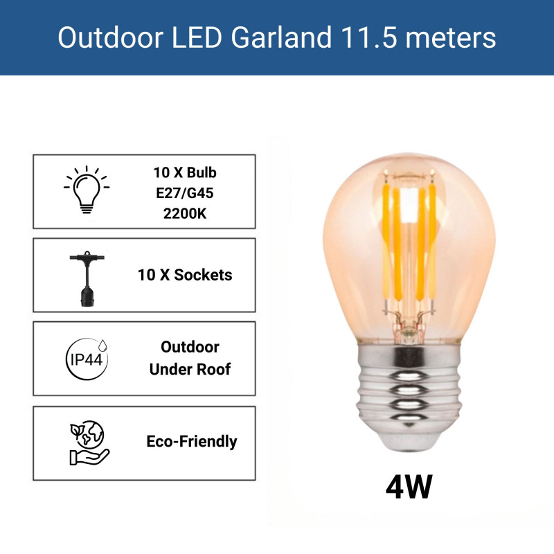Kit - 11.5m Outdoor string lights + 10 LED G45/E27 filament bulbs 4W - 2200K - IP44
