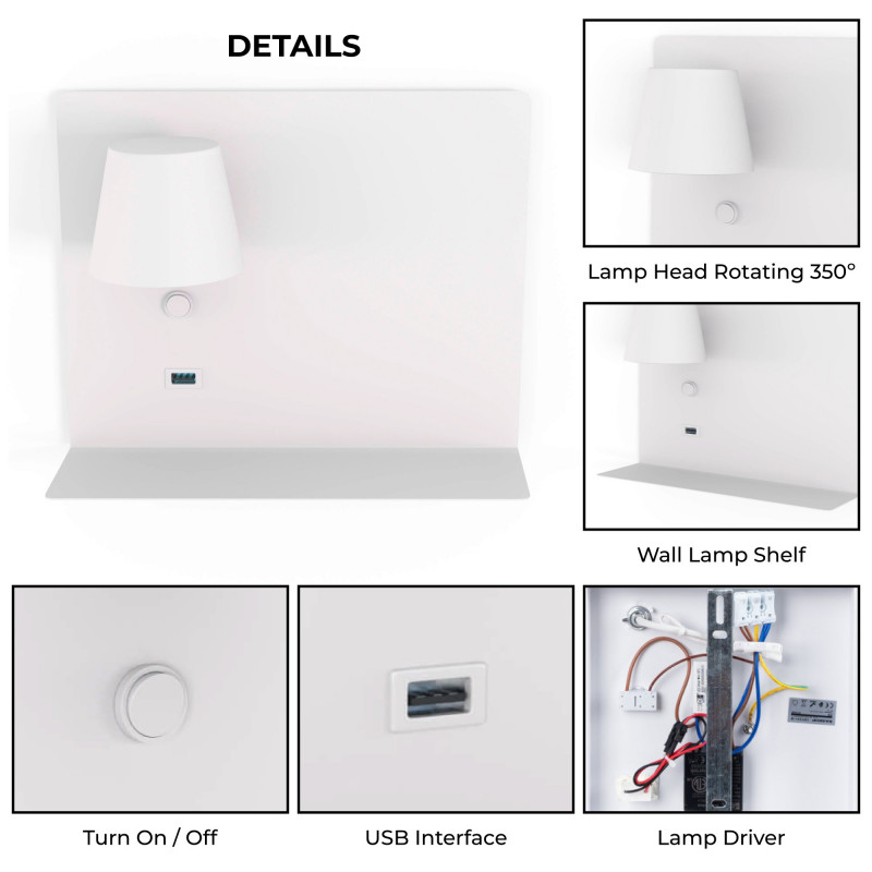 Wall reading light with USB port "BASKOP" - 6W - Left