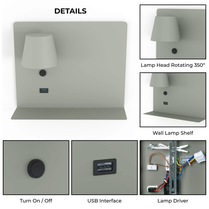 Wall reading light with USB port "BASKOP" - 6W - Left