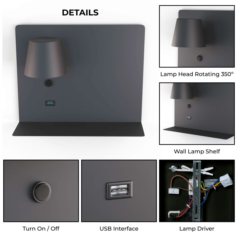 Wall reading light with USB port "BASKOP" - 6W - Left